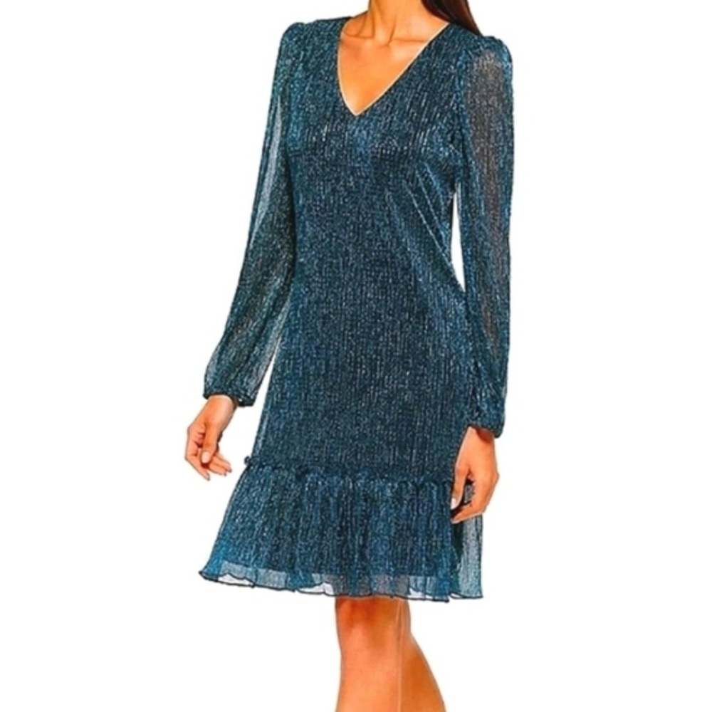 Kensie Teal Black Metallic Pleated V-Neck Ruffle Hem‎ Dress Size 4 NWT